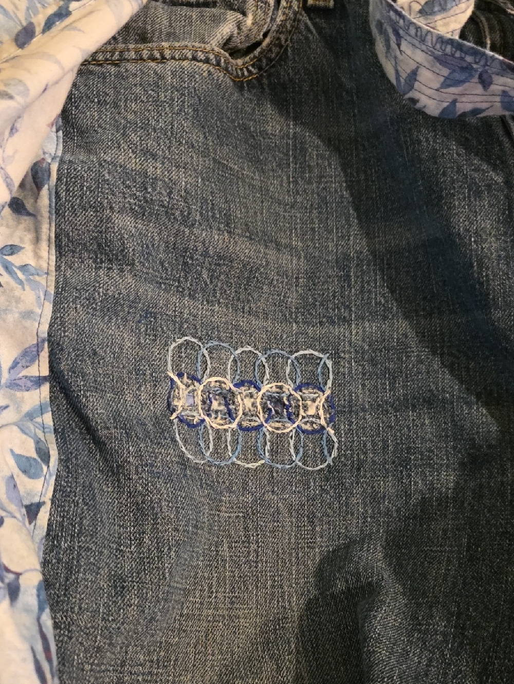 HAND CRAFTED Wrap Jeans UPCYCLED Blue Denim Tie Front Floral Flowers Size XL - Picture 6 of 16